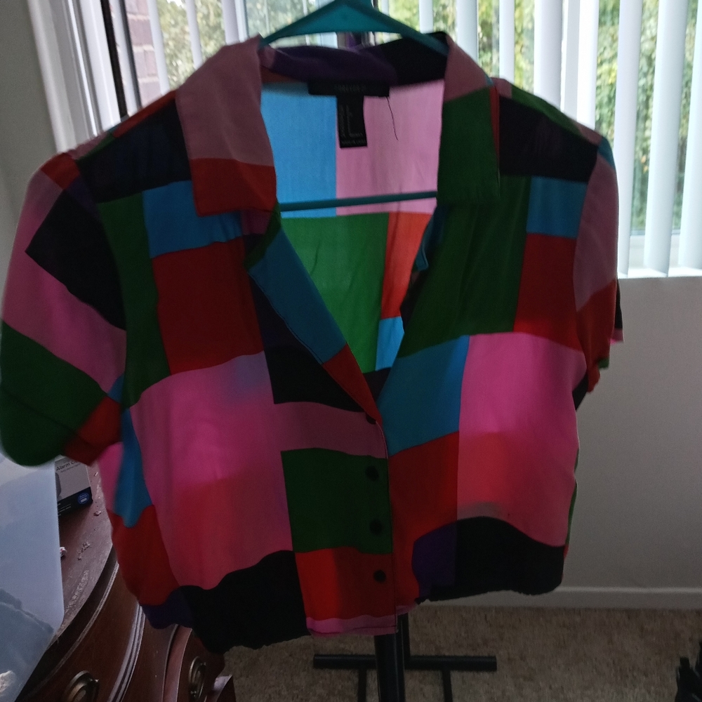 Forever 21 Multicolor Abstract Collared Cropped Tee